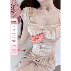 批发白水女 雾粉郁金香 肌理感方领蕾丝花边<b class='q'>雪纺衫女</b>早春性感纯欲上衣