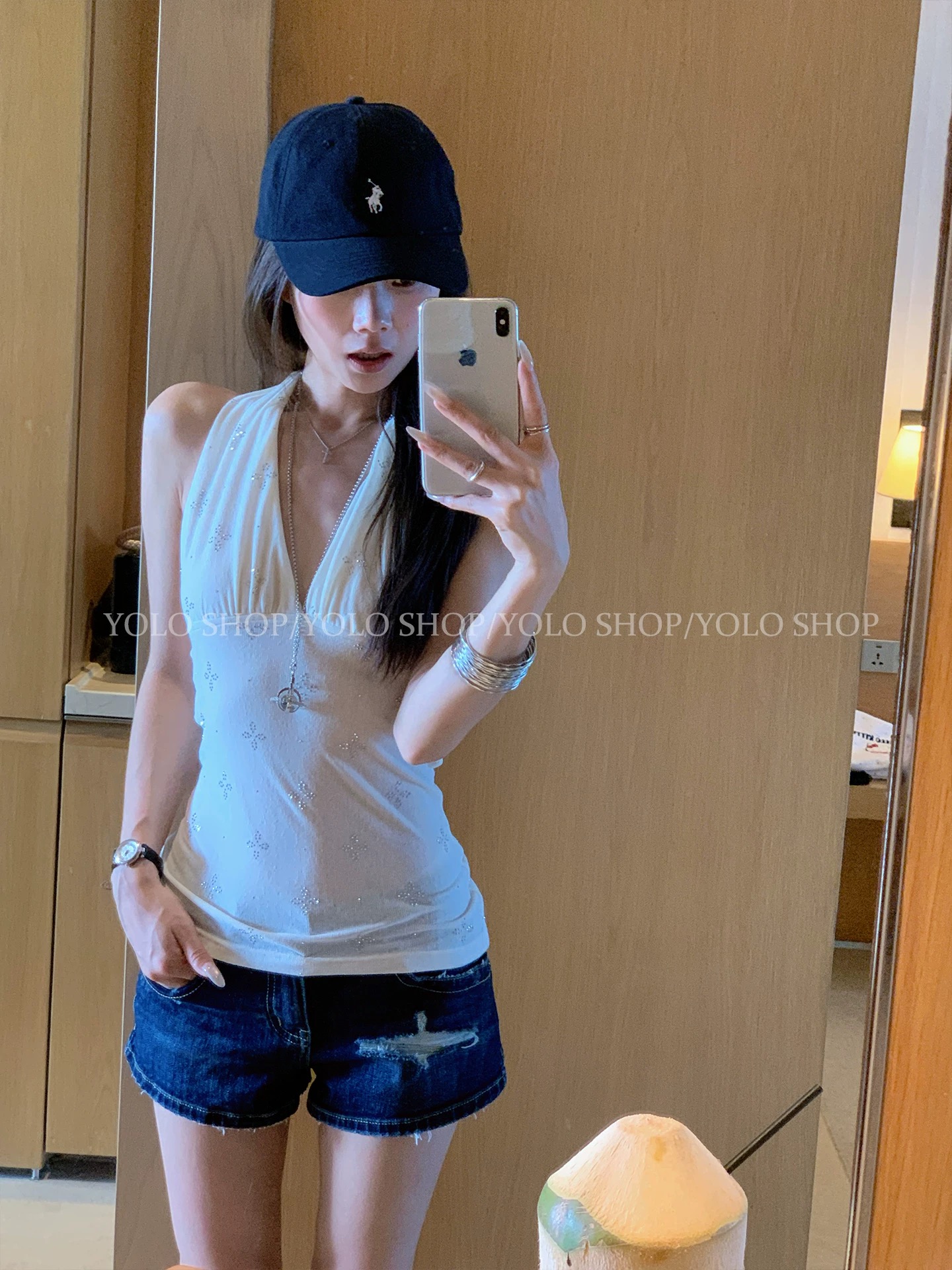 yolo shop 오리지널 무거운 작업 V넥 행침 목 캐미솔 여름 한 부서 고급 꽃무늬 민소매 맨위