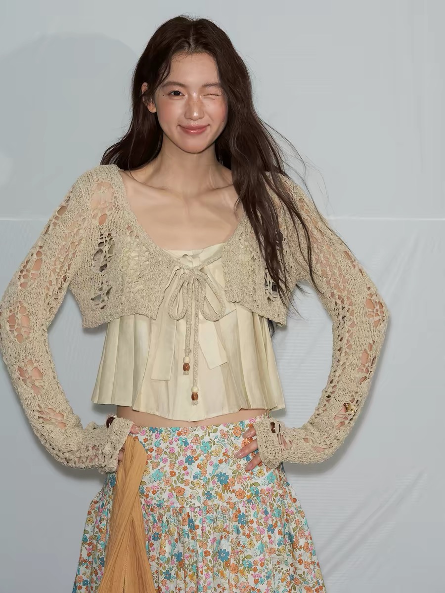 soolrok 소나무 아니요 라임 하나 여름 오리지널 패치워크 니트 홀로우 아웃 쇼트 스타일 다용도 자외선 차단 오픈 가디건 맨위