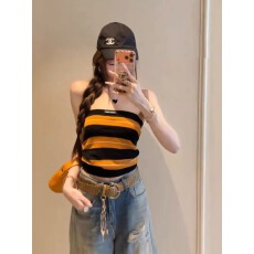 批发辣妹撞色条纹抹胸吊带背心女<b class='q'>夏</b>日多巴胺风短款修身显瘦一字肩上衣