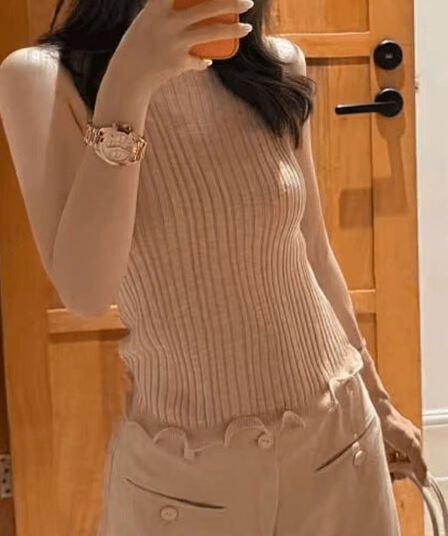 오래된 돈 바람 핑크색 레이스 구덩이 기사 니트 조끼 조끼 여자 여름 민소매 라운드 넥 허리 수축 슬림해 보이는 다용도 맨위
