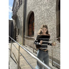 批发八盖pinky piggy  条纹画报 纯欲少女风30羊毛条纹<b class='q'>一字肩</b>修身毛衣