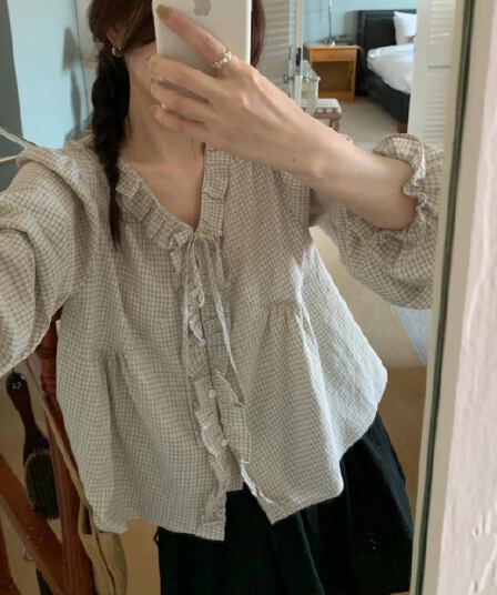 한국 chic 봄 새로운 한 부서 달콤함 레이스 레이스업 격자 무늬 셔츠