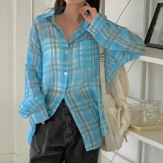 批发韩版夏季透视装格子衬衫原宿风休闲小众百搭长袖<b class='q'>防晒</b>衣女上衣衬衣