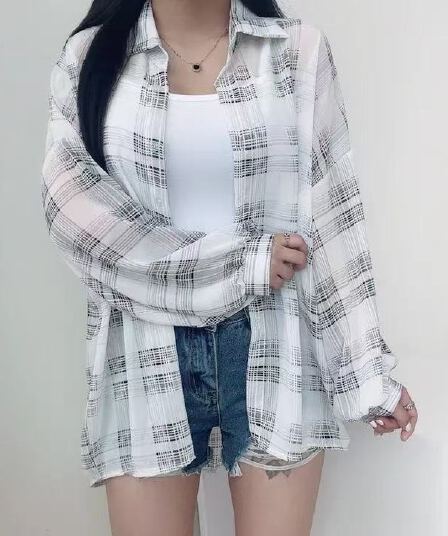 한국 스타일 여름 얇은 스타일 원근법 설치 격자 무늬 셔츠 캐주얼 루즈핏 다용도 자외선 차단 의류 여성 셔츠 재킷 셔츠 트렌디