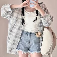批发韩版夏季薄款透视装格子衬衫休闲百搭防晒衣女小众宽松<b class='q'>上衣</b><b class='q'>外套</b>潮