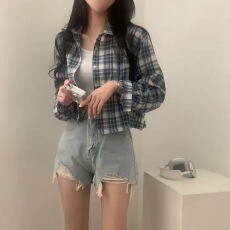 批发韩版春季经典格子短款衬衫原宿风休闲百搭长袖小披肩上衣外套女潮