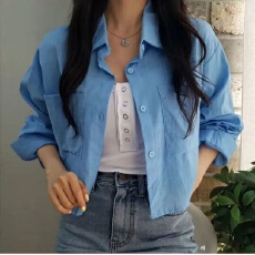 批发韩版夏季短款双口袋设计感衬衫百搭长袖小众休闲显瘦小披肩衬衣女