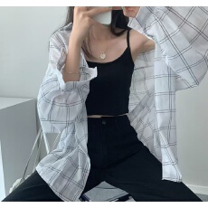 批发<b class='q'>韩版</b>夏季透视装格子衬衫大码宽松懒惰风休闲<b class='q'>长袖</b>百搭防晒衣女外套