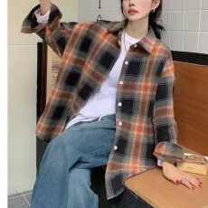 韩版春季毛呢复古格子衬衫原宿风休闲百搭懒惰宽松休闲外套女衬衣