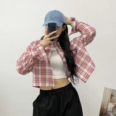 批发韩版春季短款格子衬衫时尚百搭长袖小披肩外套女原宿风显瘦衬衣潮