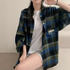 批发<b class='q'>韩版</b>春季贴标格子衬衫<b class='q'>长袖</b>百搭原宿风休闲宽松大码上衣衬衣外套女