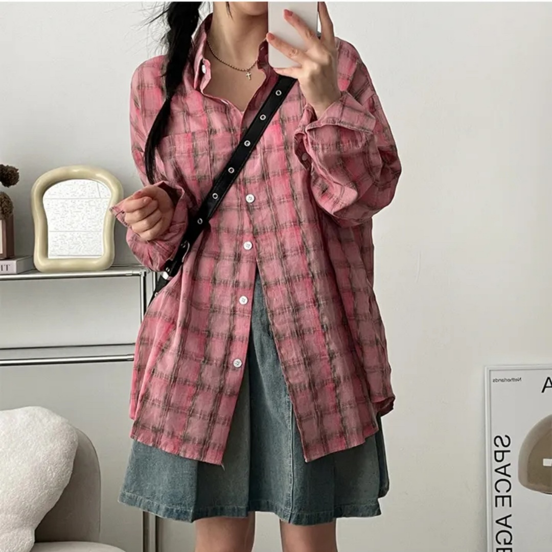 한국 스타일 봄 oversize 격자 무늬 셔츠 캐주얼 긴팔 하라주쿠 스타일 맨위 여성 코트 다용도 루즈핏 셔츠