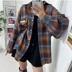 批发韩版春季oversize长袖复古格子衬衫设计感长袖上衣宽松外套女衬衣