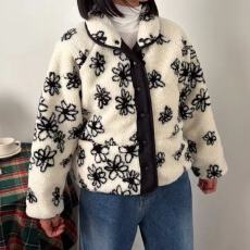 批发韩版<b class='q'>冬</b>原宿风季宽松花卉印花颗粒绒棉服两面穿休闲夹克上衣外套女