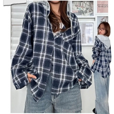 批发韩版春季撞色连帽格子衬衫设计感上衣百搭宽松长袖衬衣时尚外套女