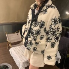 批发韩版冬季印花颗粒绒宽松<b class='q'>夹克</b>棉服印花时尚懒惰风时尚宽松外套女潮