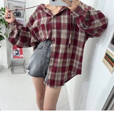 批发韩版春季格子连帽衬衫设计感宽松大码原宿风上衣衬衣休闲<b class='q'>外套</b>女潮