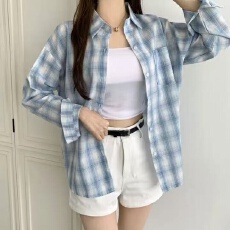 批发韩版春格子衬衫上衣长袖宽松落肩简约原宿风长袖衬衣外套女防晒衣