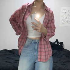 批发韩版春粉红色翻领格子衬衫简约时尚<b class='q'>百搭</b>上衣休闲防晒衣女外套衬衣