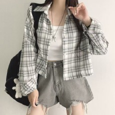 批发经典格子短款衬衫潮流韩系春季小披肩衬衣排扣简约休闲上衣外套女