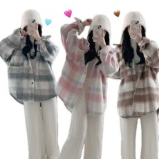 批发原宿风简约毛呢格子衬衫韩系休闲宽松oversize上衣时尚落肩外套女