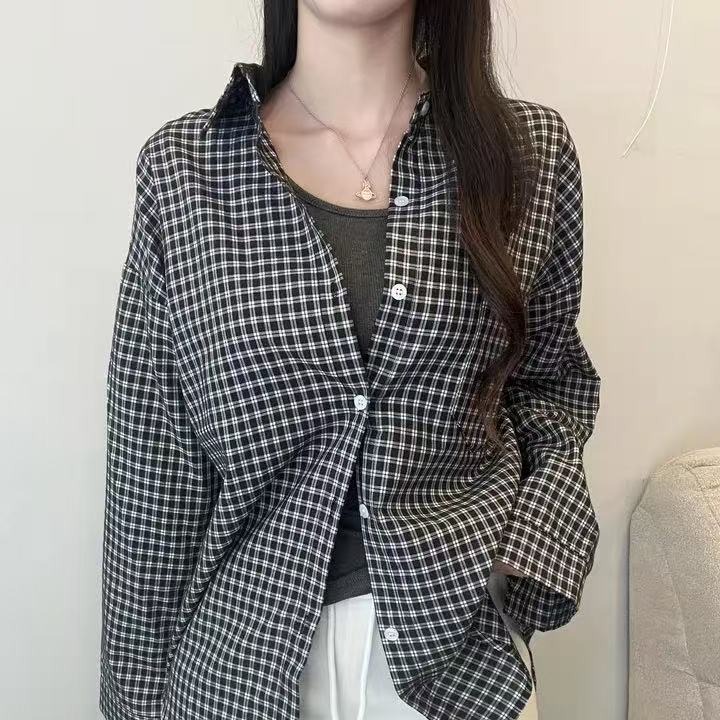 클래식 격자 무늬 셔츠 가을 어깨 미니멀리즘 맨위 여성 긴 소매 한 부서 봄 루즈핏 맨위 캐주얼 자외선 차단 의류 여성 재킷