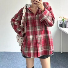 批发韩版春季oversize经典连帽落肩格子衬衫原宿风休闲简约外套女衬衣