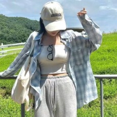 批发韩版夏季经典格子衬衫原宿风休闲宽松大码百搭长袖外套上衣<b class='q'>防晒</b>衣