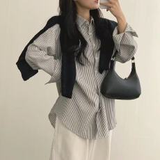 批发<b class='q'>韩版</b>夏季经典黑白条纹衬衫原宿风休闲宽松百搭长袖外套上衣防晒衣
