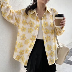 批发<b class='q'>韩版</b>夏黄色碎花<b class='q'>衬衫</b>宽松棉麻简约休闲上衣长袖原宿风防晒衣女外套