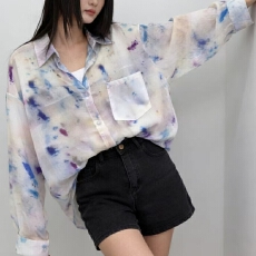 批发<b class='q'>韩版</b>夏季晕染涂鸦<b class='q'>衬衫</b>休闲棉麻宽松长袖上衣防晒衣女<b class='q'>衬衣</b>宽松外套