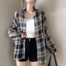 批发韩版夏季经典格子衬衫透视装休闲宽松大码<b class='q'>百搭</b>长袖<b class='q'>外套</b>上衣防晒衣