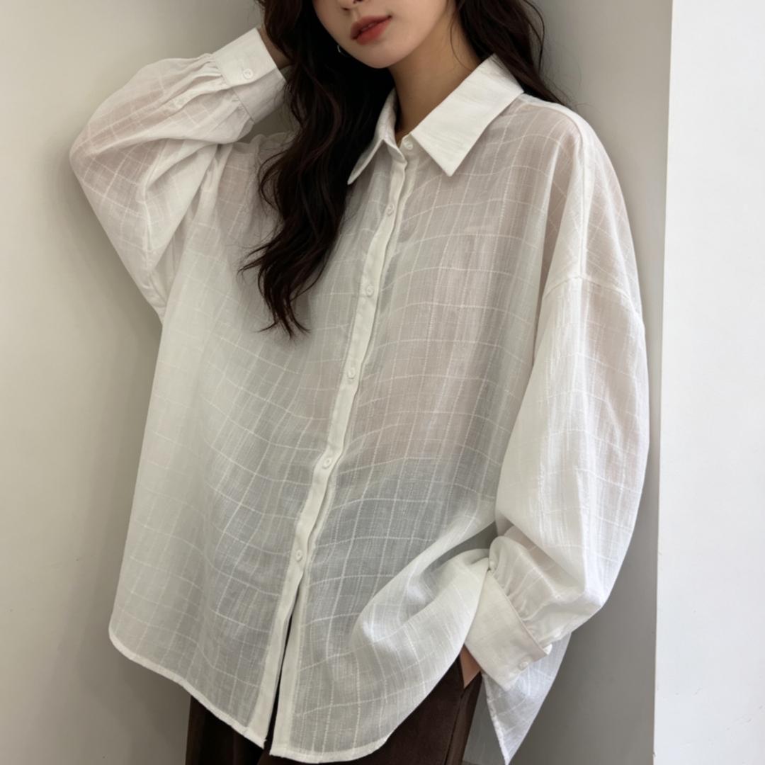 한국 스타일 여름 oversize 얇은 스타일 하라주쿠 스타일 격자 무늬 셔츠 레트로 긴팔 캐주얼 자외선 차단 셔츠 여성 재킷