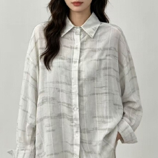 批发<b class='q'>韩版</b>夏季条纹云山印花衬衫休闲棉纱宽松防晒衣女上衣时尚衬衣外套