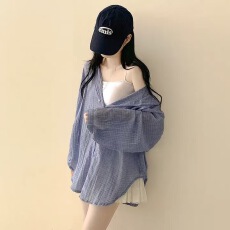 批发<b class='q'>韩版</b>夏季连帽深蓝色格子衬衫原宿风休闲宽松简约衬衣防晒衣女外套