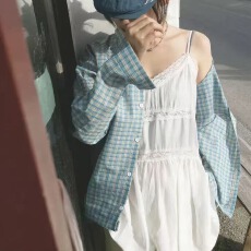 批发<b class='q'>韩版</b>夏原宿风经典格子衬衫宽松时尚上衣简约防晒衣女长袖上衣外套