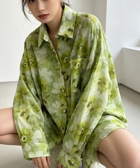 한국 스타일 여름 녹색 꽃무늬 셔츠 하라주쿠 스타일 캐주얼 루즈핏 빅 사이즈 다용도 긴팔 재킷 맨위 자외선 차단 의류