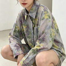 批发韩版夏季花卉印花衬衫设计感防晒衣百搭宽松<b class='q'>长袖</b>衬衣时尚外套女潮