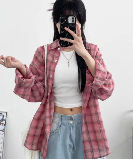 한국 스타일 가을 클래식 핑크색 격자 무늬 셔츠 하라주쿠 스타일 루즈핏 게으른 바람 캐주얼 자외선 차단 의류 여성 재킷 셔츠