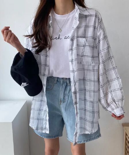 한국 스타일 여름 얇은 스타일 면 린넨 게으른 바람 루즈핏 격자 무늬 셔츠 캐주얼 맨위 여성 자외선 차단 외투 셔츠 트렌디