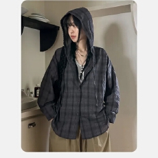 批发韩版春秋连帽格子衬衫原宿风休闲宽松上衣衬衣长袖<b class='q'>防晒</b>衣女外套潮