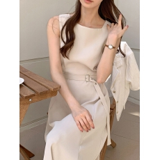 批发chic 韩系夏季法式气质高级感腰带收腰显瘦无袖<b class='q'>背心裙</b>连衣裙