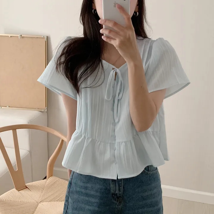 chic 한 부서 여름 부드러운 달콤함 나비 매듭 주름 장식 디자인 센스 Feifei 소매 패션 다용도 셔츠 맨위