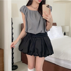 批发chic<b class='q'>韩版</b>夏季小众气质甜美方领系带泡泡袖娃娃衫花苞衬衫上衣