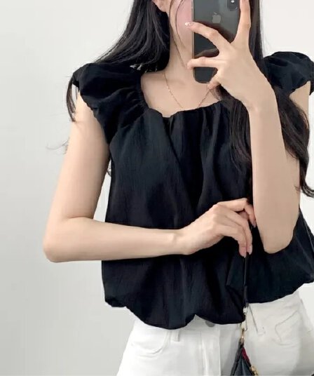 chic 한국 스타일 여름 작은 대중 품격 달콤한 미국 칼라 레이스업 거품 소매 인형 셔츠 꽃밭 셔츠 맨위
