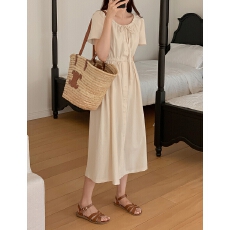 批发chic 韩版夏季休闲简约两面抽绳V领单排扣收腰显瘦<b class='q'>短袖</b>连衣裙