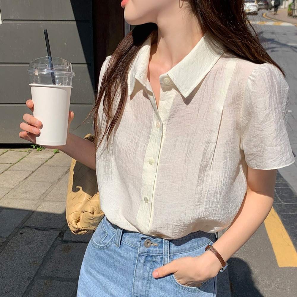 chic 한국 스타일 여름 부드러운 품격 POLO 칼라 싱글 줄 버튼 거품 소매 다용도 셔츠 맨위