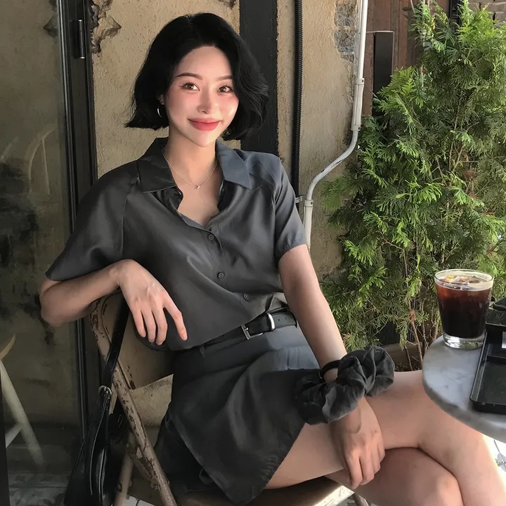 chic 한국 스타일 여름 패션 레트로 폴로 칼라 주간 실크 쉬폰 셔츠 하이웨이스트 작은 대중 방귀 커튼 바지 세트