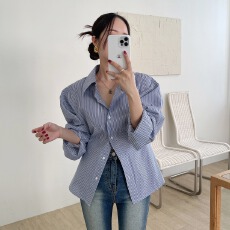 chic 韩版春季法式小众设计感收腰POLO领单排扣长袖条纹衬衫上衣